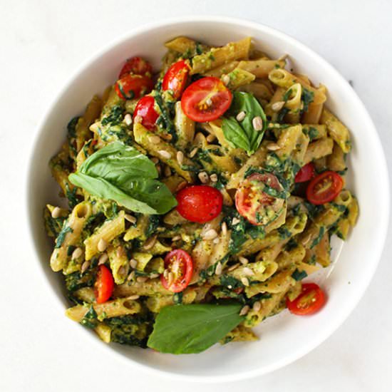 5 Ingredient Nut-Free Pesto Pasta - Recipe photo by FitLiving Eats