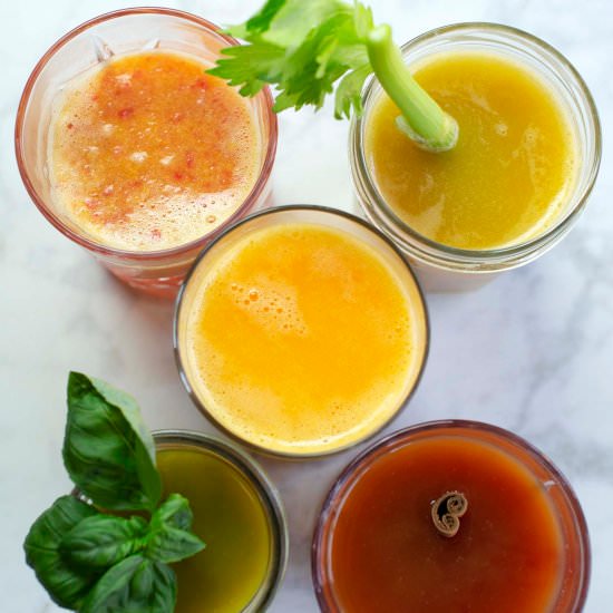 5 Homemade Juices - Recipe photo by abeautifulmessblog