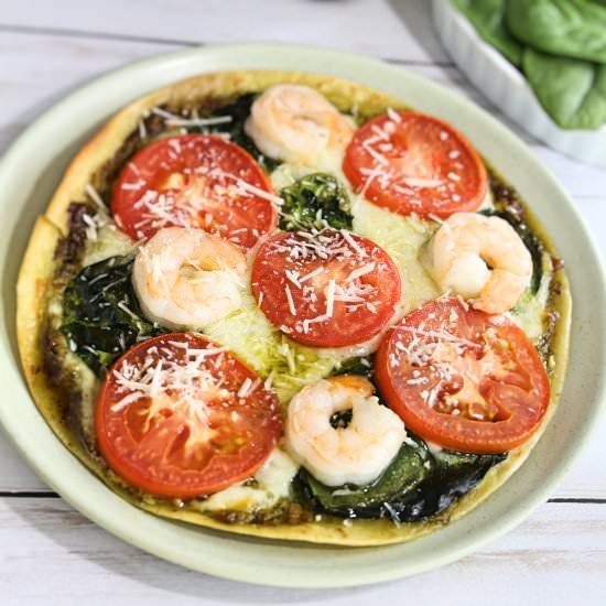 Shrimp Basil Pesto Tortilla Pizza - Recipe photo by piggyout