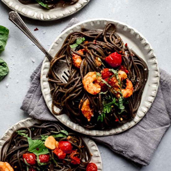 Squid Ink Pasta with Shrimp - Recipe photo by platingsandpairings