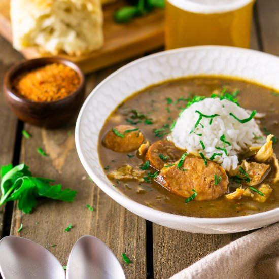 Andouille Sausage-Chicken Gumbo - Recipe photo by Burrata and Bubbles