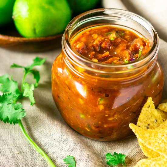 Chipotle-Roasted Tomato Salsa - Recipe photo by Burrata and Bubbles