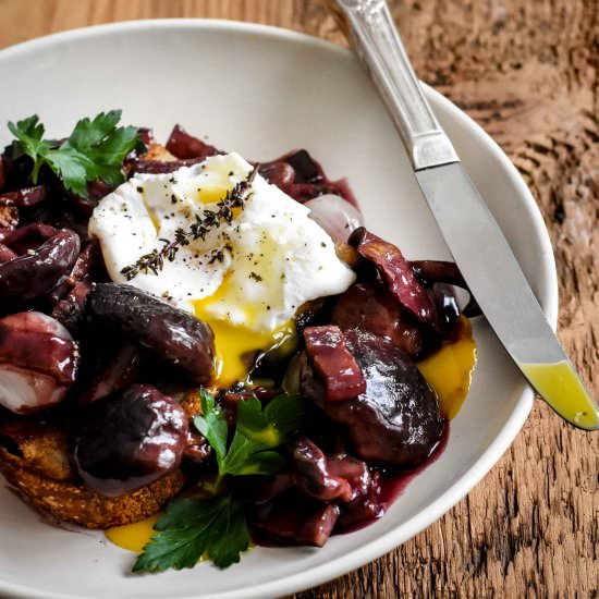 Poached Egg in Red Wine Sauce - Recipe photo by pardon your french