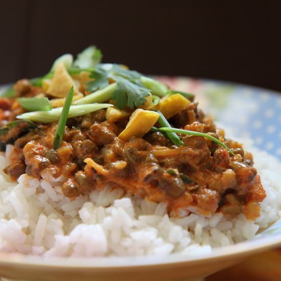 Vegan Red Curry Mung Beans on Rice - Recipe photo by katskusina