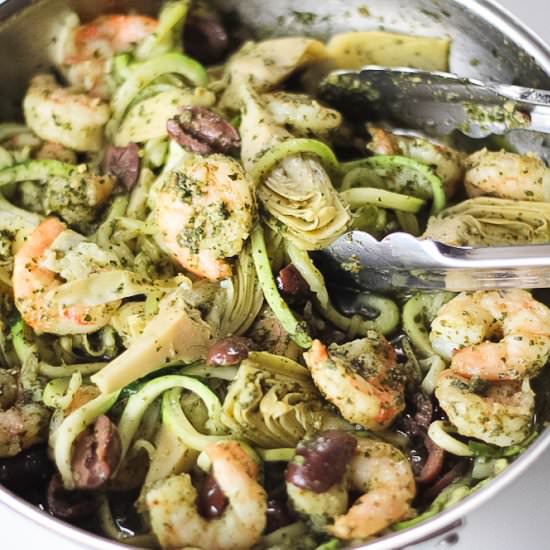Zoodles with Pesto Shrimp - Recipe photo by finishedwithsalt