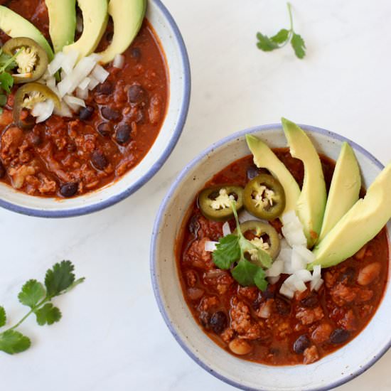 Turkey Bean Chili w/ Guajillo Chile - Recipe photo by MyTastyTrials