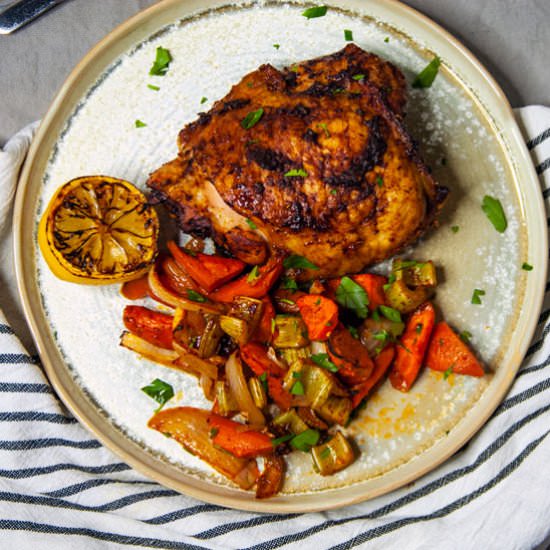 Harissa Chicken Thighs with Veggies - Recipe photo by theseasonaljunkie