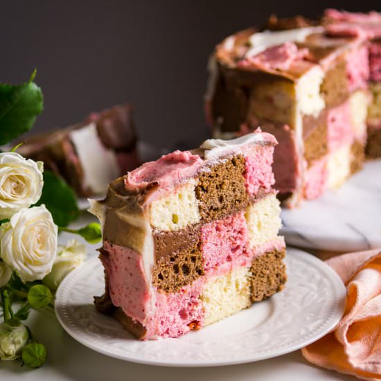 Neapolitan Checkered Cake - Recipe photo by kneadbakecook