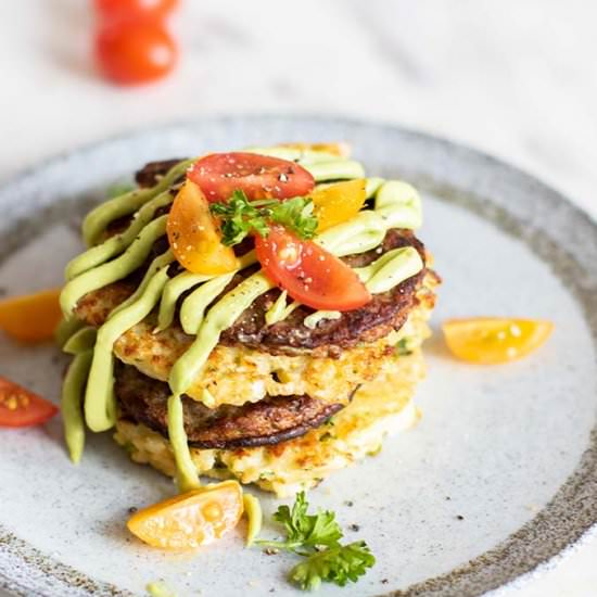 Cauliflower Fritter Sausage Stacks - Recipe photo by SunkissedKitch