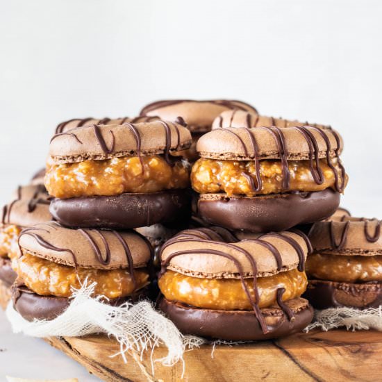 Samoa Cookie Macarons - Recipe photo by piesandtacos