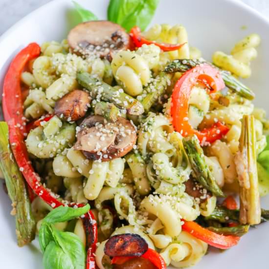 Loaded Veggie Pesto Pasta (Vegan) - Recipe photo by NOMasteKitchen