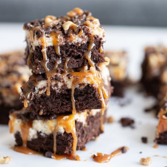 Turtle Cheesecake Brownies - Recipe photo by awayfromthebox