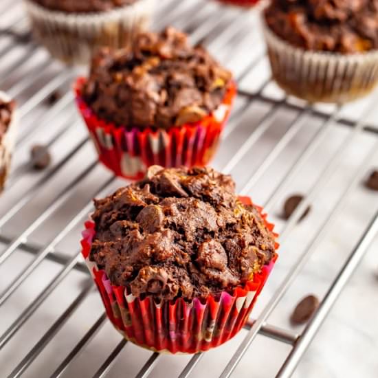 Double chocolate banana muffins - Recipe photo by Family Food on the Table