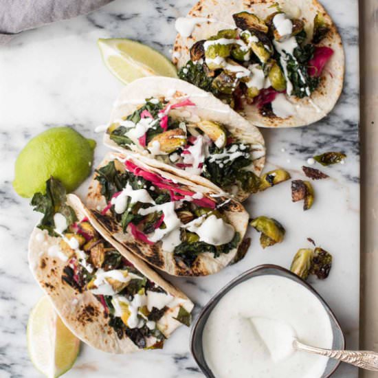 Crispy Kale + Brussels Sprout Tacos - Recipe photo by hungerthirstplay