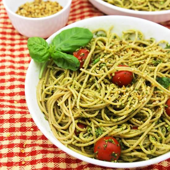 pesto & hemp parmesan spaghetti - Recipe photo by veganwithgusto
