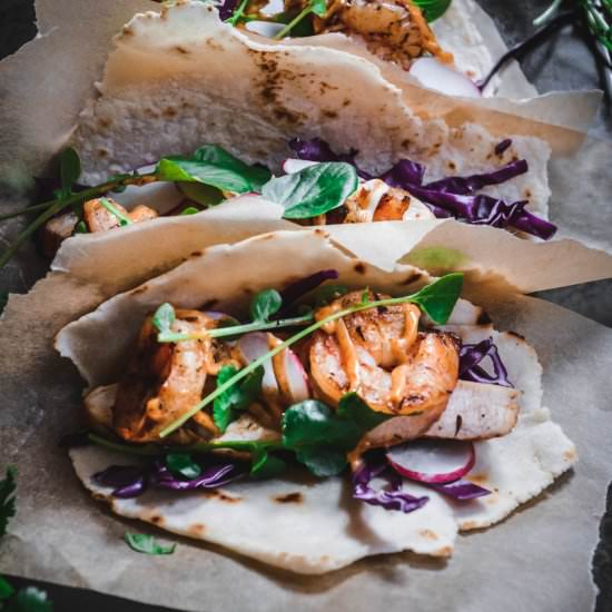 paleo jerk chicken and shrimp tacos - Recipe photo by calm eats
