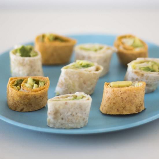 Avocado hummus tortilla pinwheels - Recipe photo by Mandy Sneaky Veg