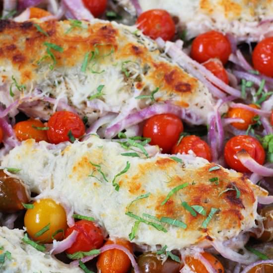 Bruschetta Chicken Sheet Pan Meal - Recipe photo by happihomemade