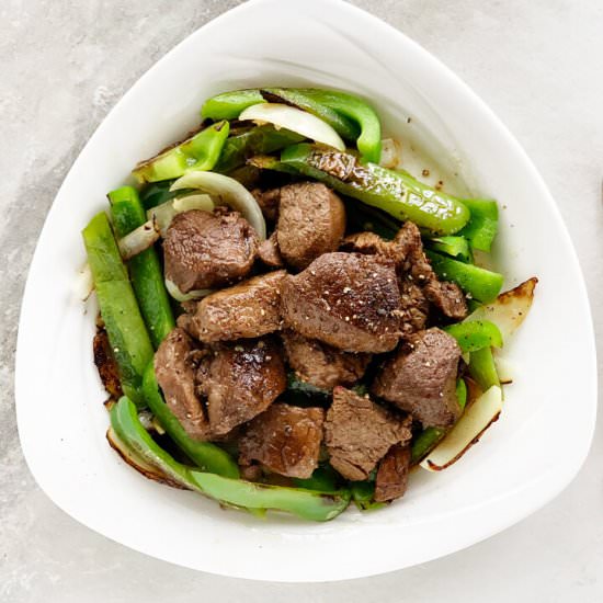 Low Carb Beef Tips + Peppers - Recipe photo by Fat Girl Happy