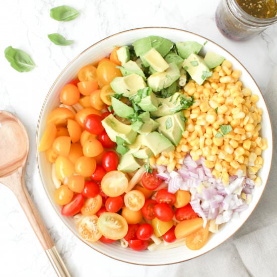 Tomato Corn Avocado Pasta Salad - Recipe photo by This Savory Vegan