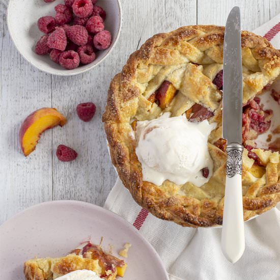 Peach and Raspberry Lattice Pie - Recipe photo by spicyicecream