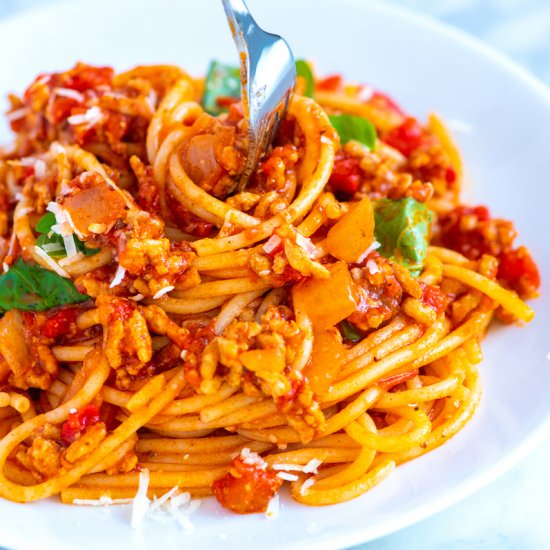 Weeknight Spaghetti with Meat Sauce - Recipe photo by inspiredtaste