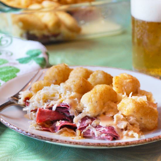 REUBEN BAKE WITH CAULIFLOWER TOTS - Recipe photo by mealsheelsandcocktails