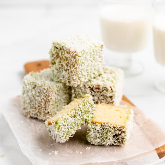 White Chocolate Matcha Lamingtons - Recipe photo by Baked Ambrosia