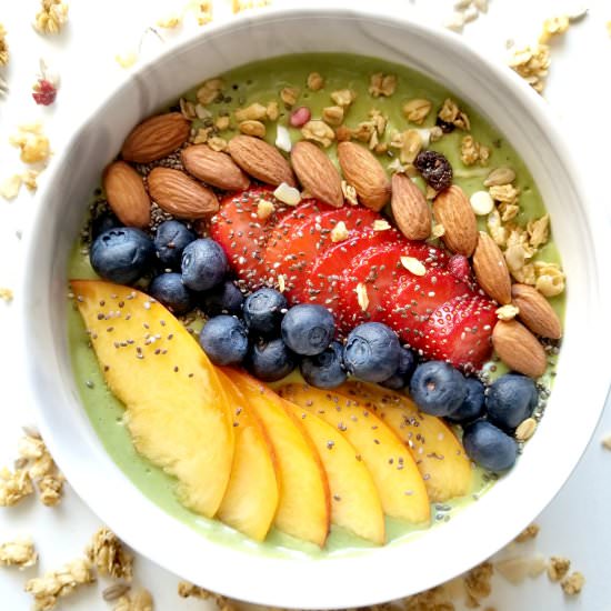 Green Peach Smoothie Bowl - Recipe photo by Stylish Cravings