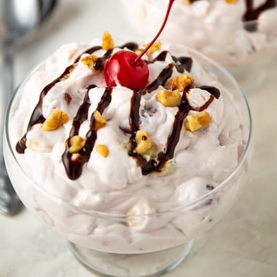 banana split fluff salad - Recipe photo by The Blond Cook