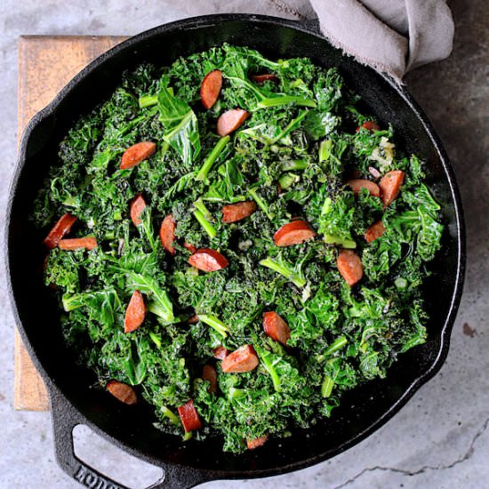 Sauteed Kale w/Andouille Sausage - Recipe photo by fromachefskitchen