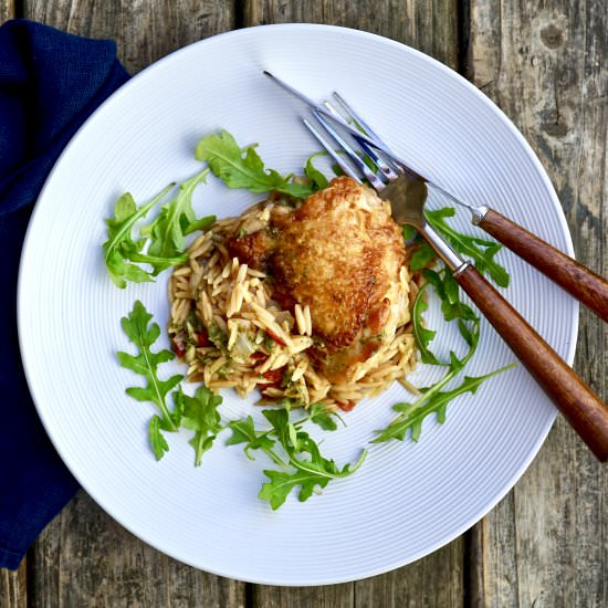 Skillet Chicken With Orzo And Pesto - Recipe photo by simmerandsauce