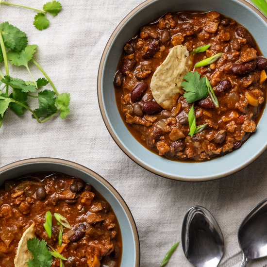 Veggie Chili w/ Beans and Crumbles - Recipe photo by jodiloves