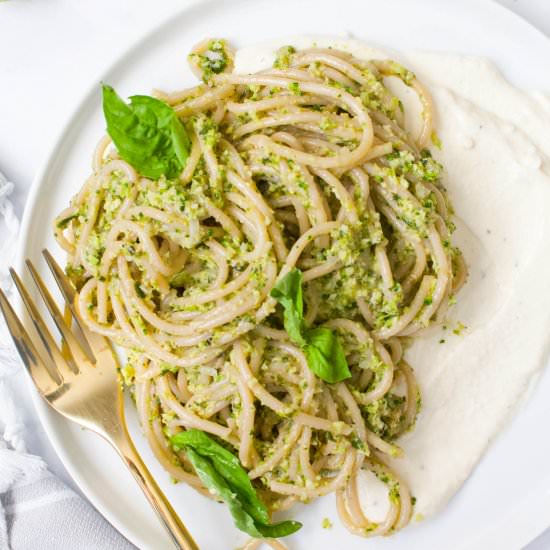Pesto Pasta With Whipped Ricotta - Recipe photo by This Savory Vegan