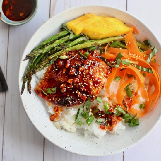 Honey Sriracha Glazed Salmon Bowls - Recipe photo by MyTastyTrials