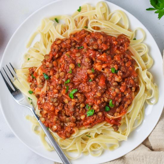Easy Fettucine & Lentil Bolognese - Recipe photo by spinach4breakfast