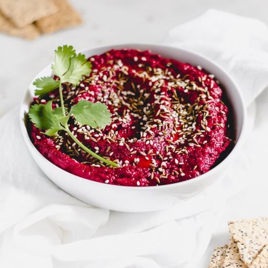 Bean-Free Za'atar Beet Hummus - Recipe photo by paleoinpdx
