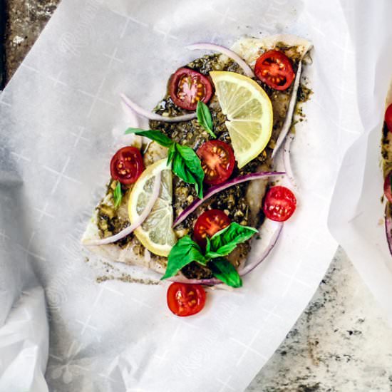 baked flounder in parchment - Recipe photo by killingthyme