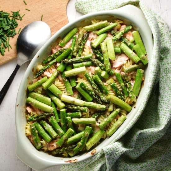 Salmon Leek Pasta Bake + Asparagus - Recipe photo by everydayhealthyrecipes