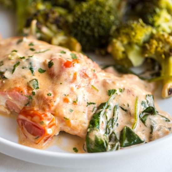 Salmon with Spinach and Tomatoes - Recipe photo by awayfromthebox