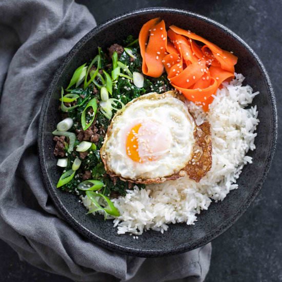 Sesame Kale & Beef Rice Bowls - Recipe photo by acalculatedwhisk