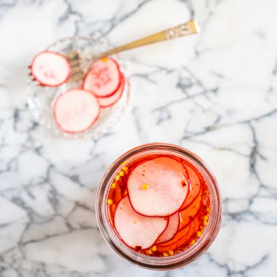 Quick Pickled Radishes - Recipe photo by sidewalkshoes