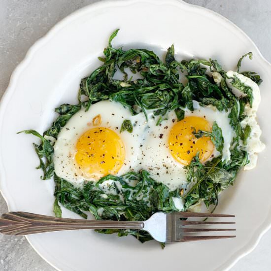 Sunny Side Up + Wilted Arugula - Recipe photo by Fat Girl Happy
