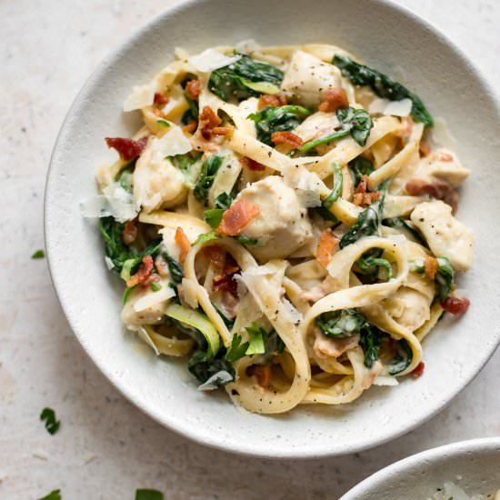 Chicken Bacon Spinach Pasta - Recipe photo by saltandlavender