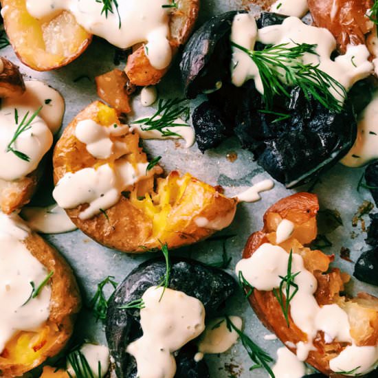 Smashed Potatoes & Lemon Dill Sauce - Recipe photo by whipandwander