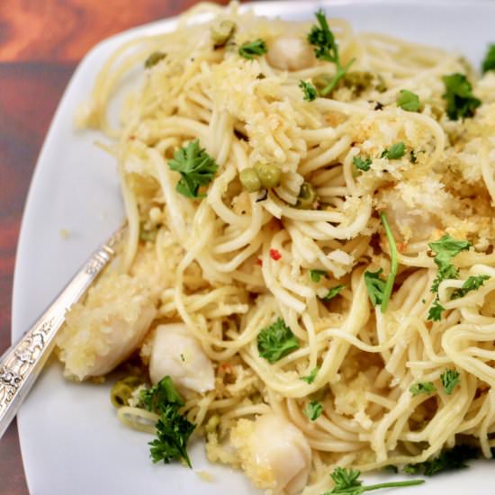Pasta with Chick Peas and Scallops - Recipe photo by 1happykat