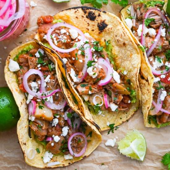 Tinga-Style Pork Shoulder Tacos - Recipe photo by garlic and zest