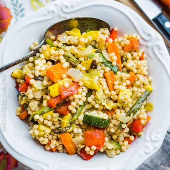 Pearl Couscous with Roasted Vegetables - Recipe photo by homeandplate