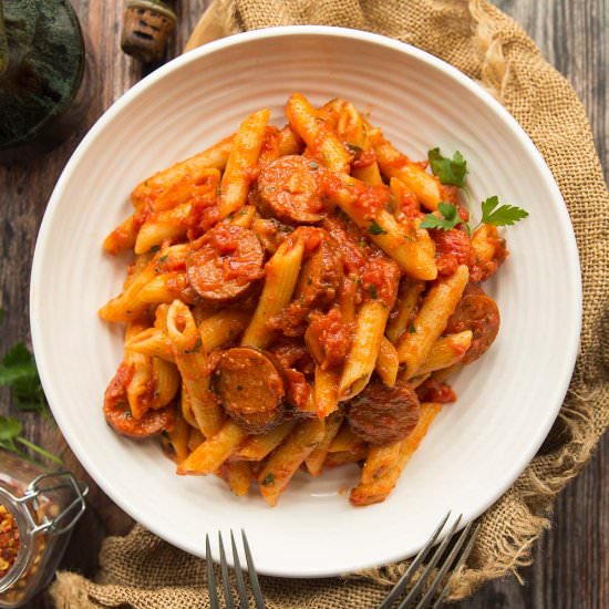 Penne Arrabiata with Smoked Sausage - Recipe photo by dontgobaconmyheart