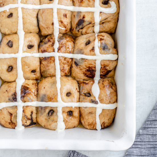 Chocolate Hot Cross Buns - Recipe photo by confessionsofabakingqueen